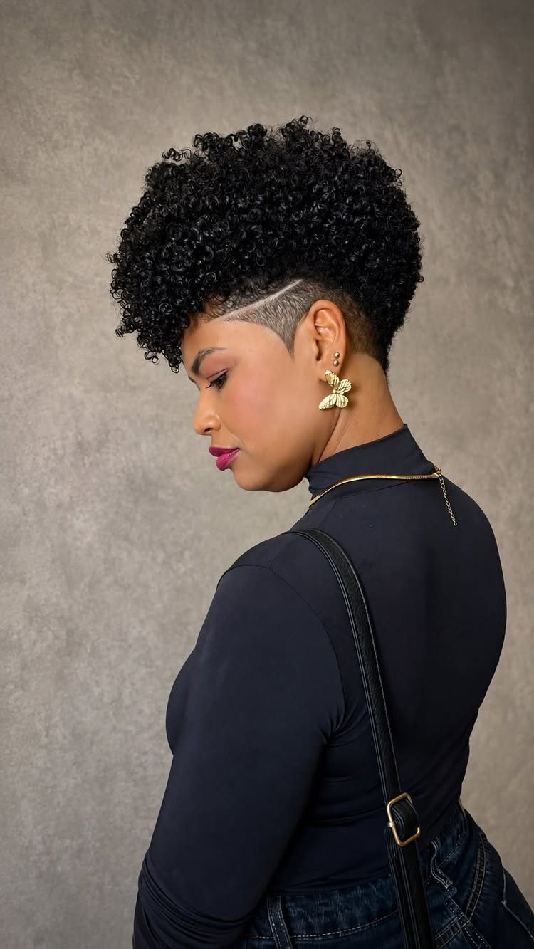 Woman with voluminous black curls, shaved sides, and a sharp hard part