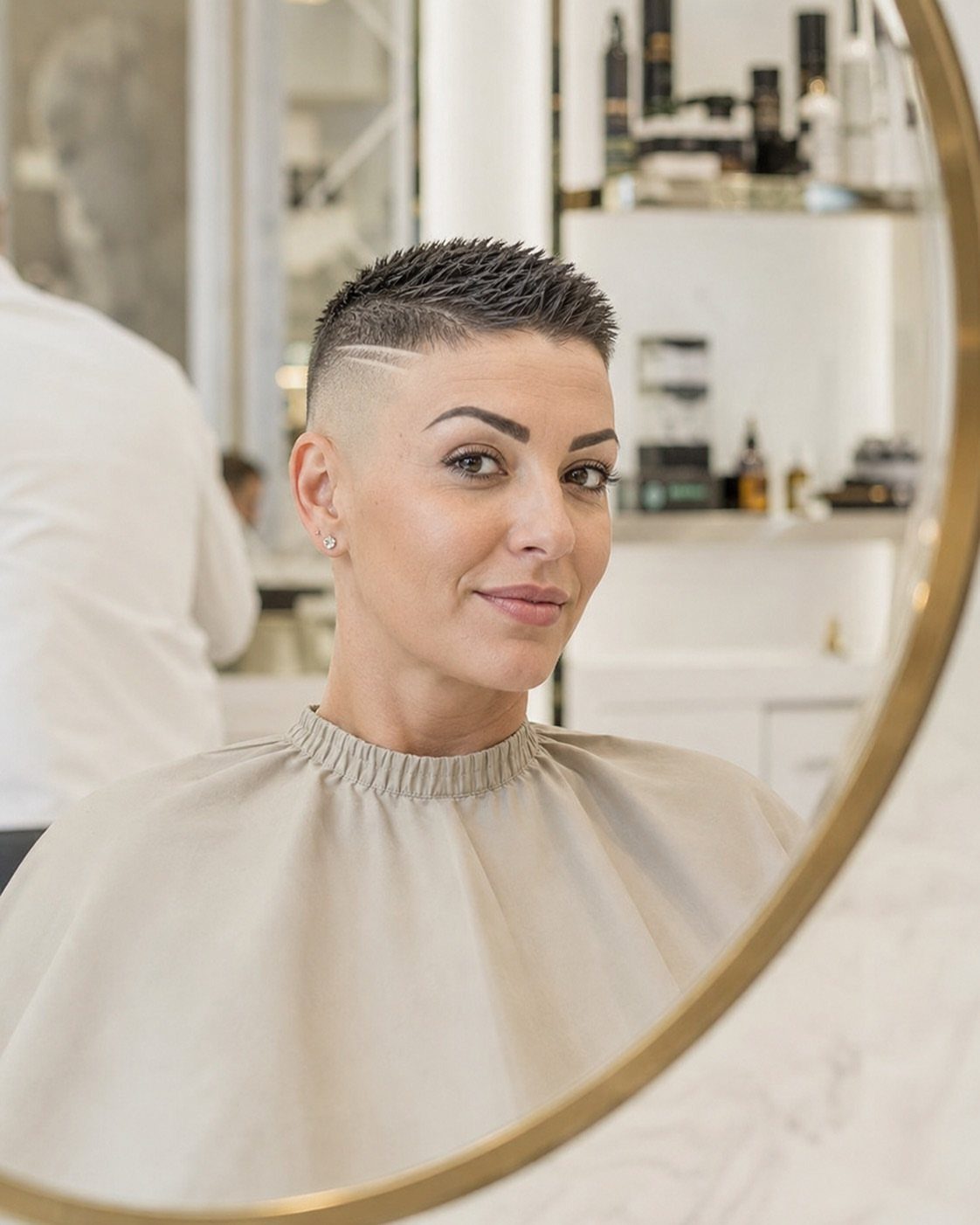 Woman in a beige salon cape showing a textured pixie with high faded sides
