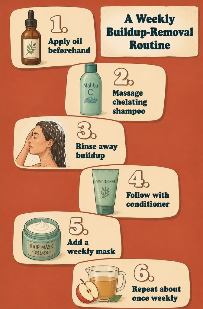 Chelating shampoo conditioner and hair mask arranged for a weekly routine
