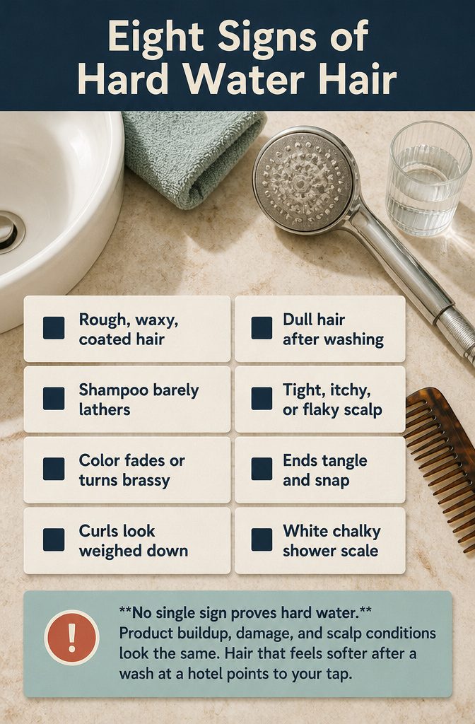 Hair and shower fixtures illustrating eight signs of mineral buildup