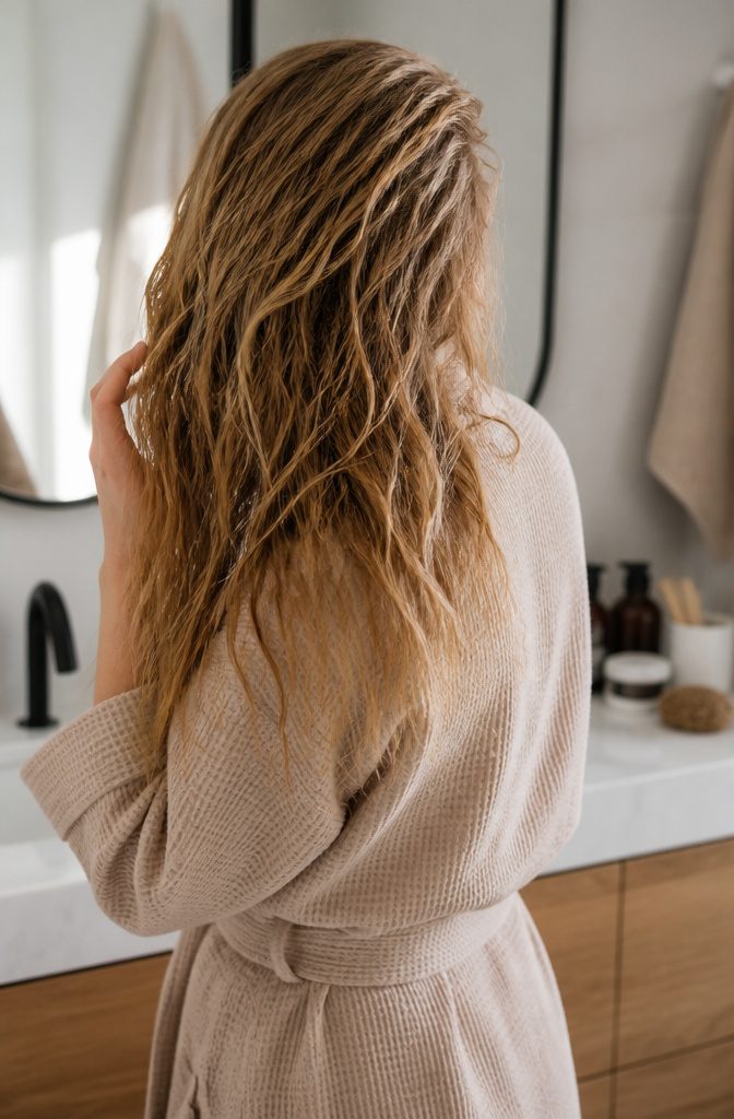 Fine hair with a soft flat appearance in a bathroom setting