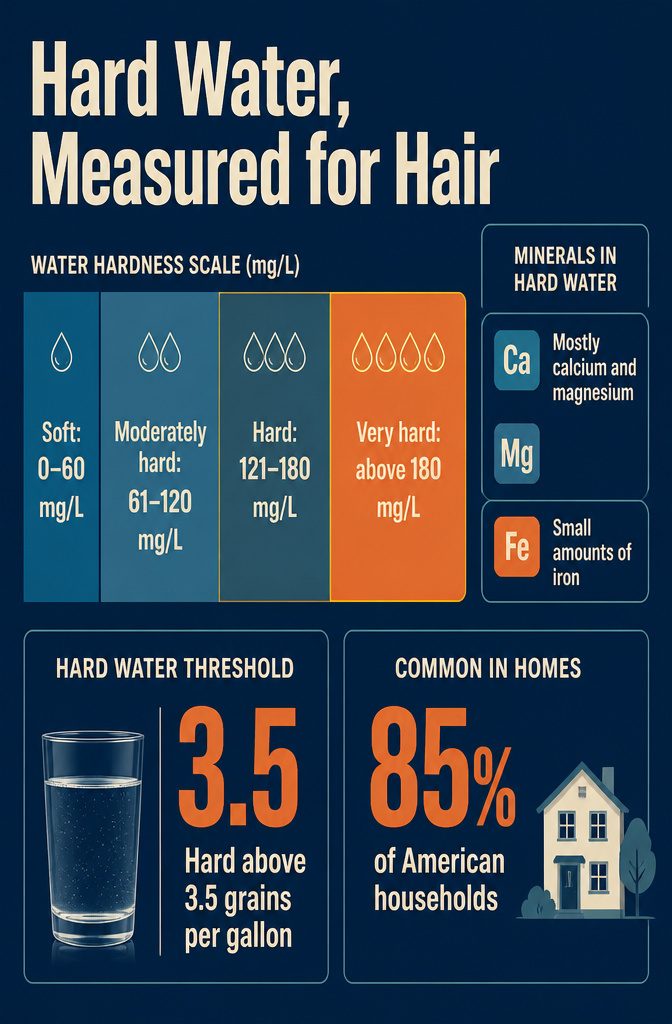 Water hardness scale with soft and hard ranges for hair care
