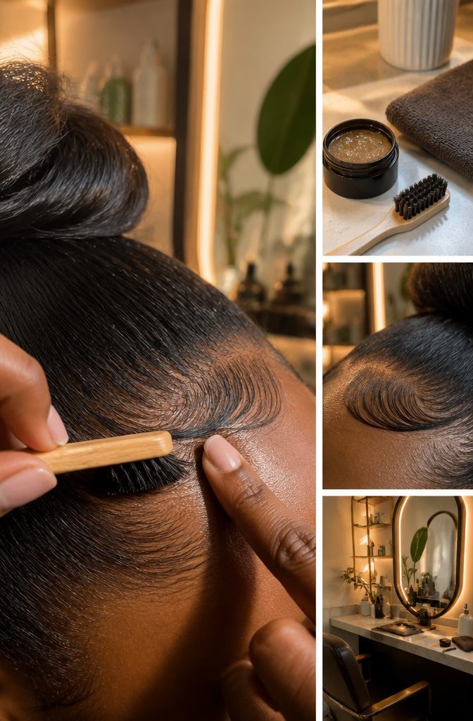 Soft brush smoothing short baby hairs downward along the forehead