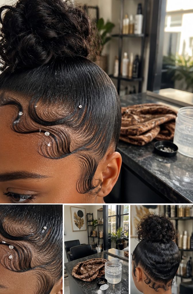 Hairline showing soft waves swoops and decorative edge patterns