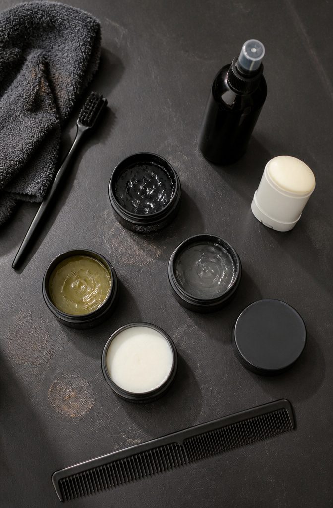 Edge gels paste spray wax and brushes arranged for comparison