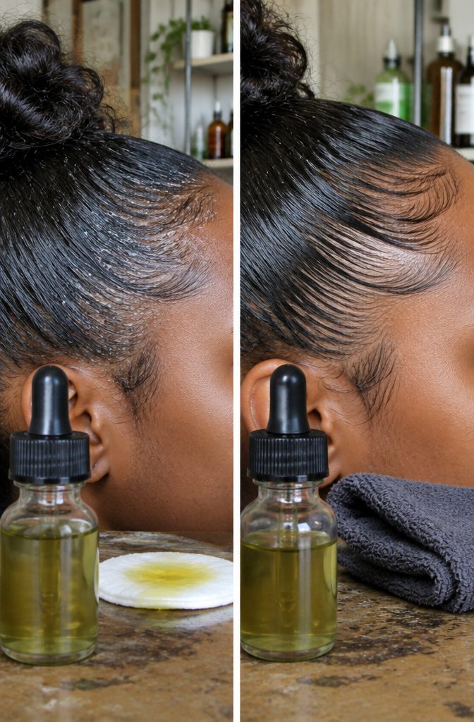 Oil drops being smoothed over a hairline with white residue
