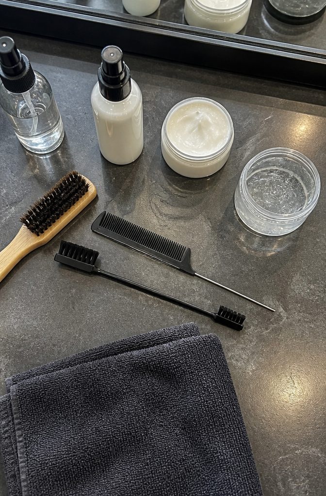 Edge brush tail comb gel leave-in conditioner and hairspray arranged together