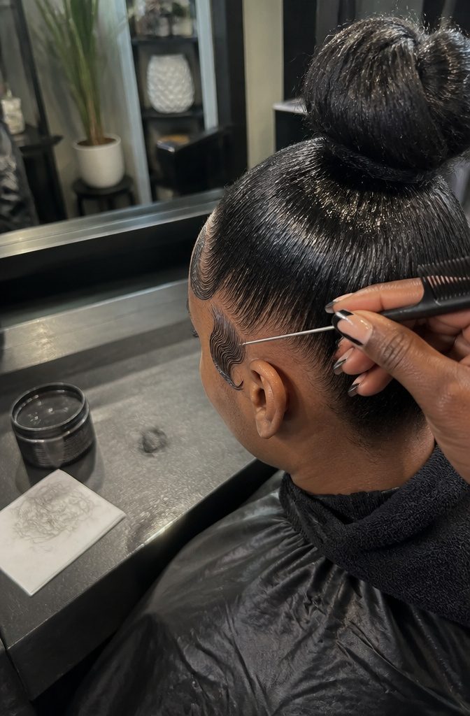 Rat-tail comb tracing a curved swoop with gel on its tip