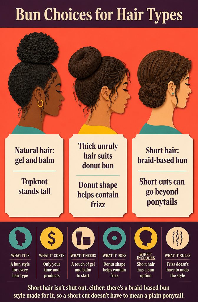 Hair type guide comparing a natural hair topknot donut bun and short hair braids