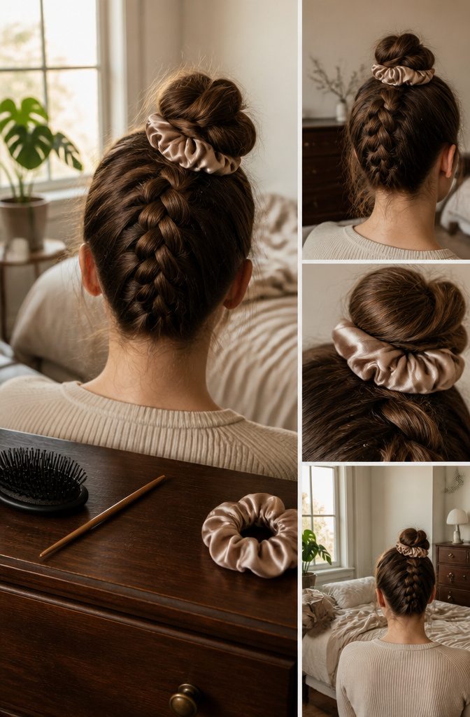 Woman with an upward nape braid and high ponytail wrapped in a scrunchie