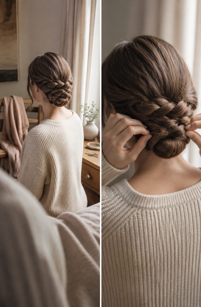 Low braided bun with rippled texture and a strand wrapped around its base