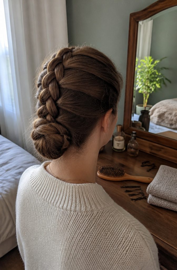 Woman with a Dutch braid running back from the hairline into a low bun