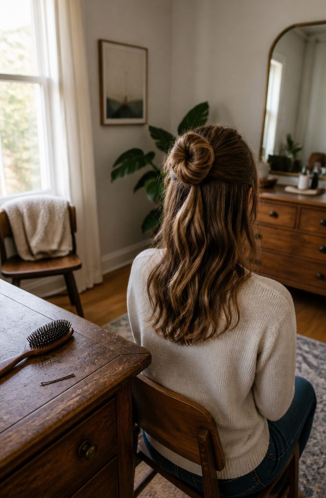 Half-up bun at the crown with long hair hanging loose below