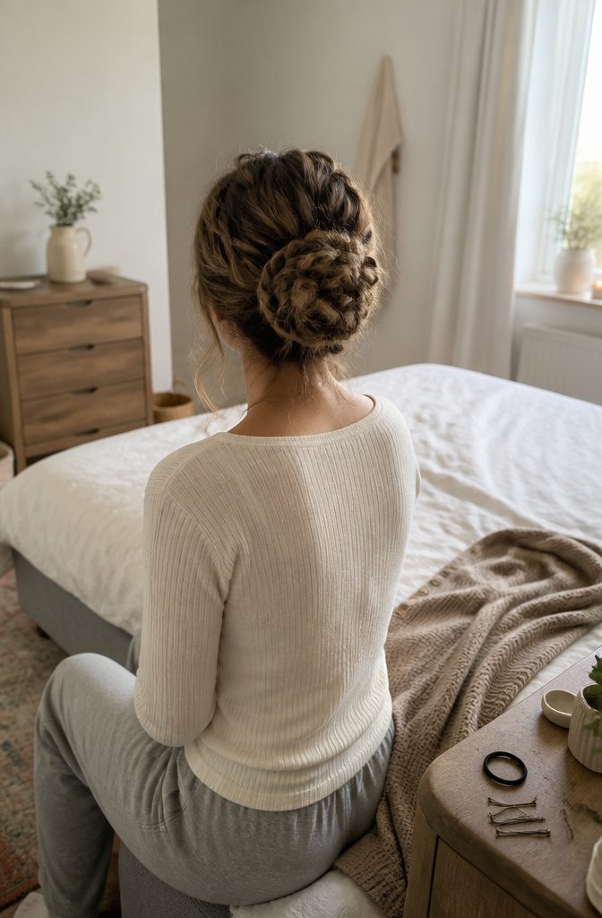 Rear view of a full bun made from loose braids with wispy strands