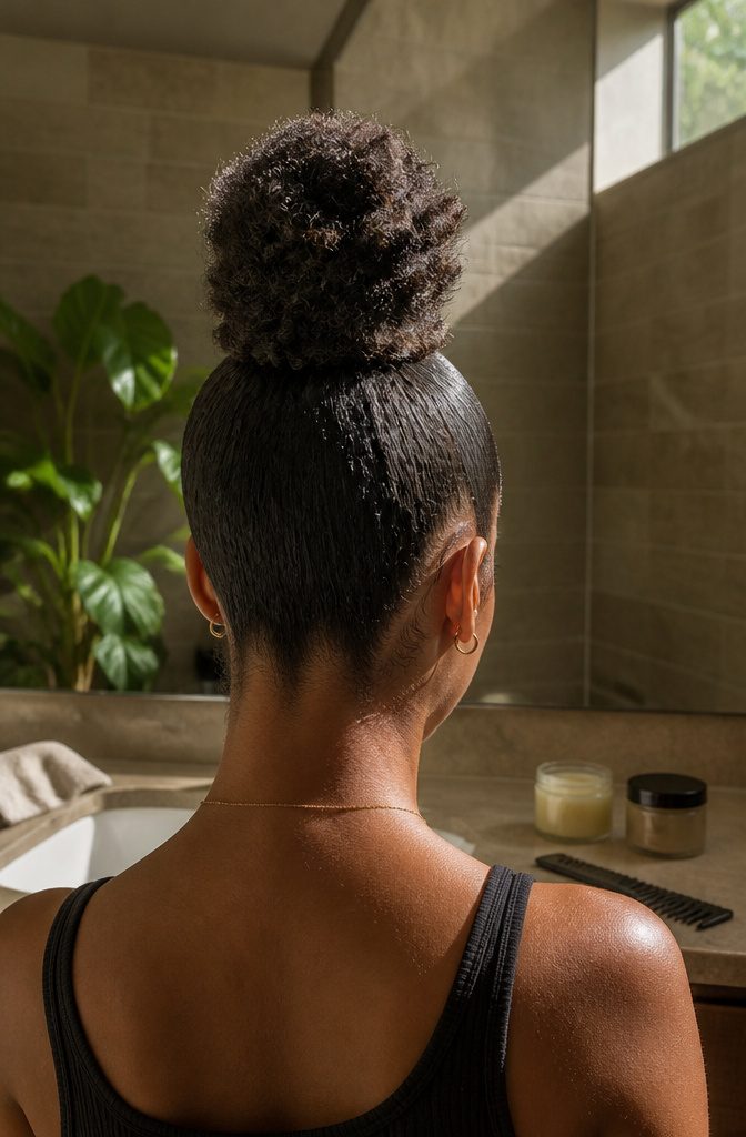 Woman with a high textured topknot and sleek natural hair at the base