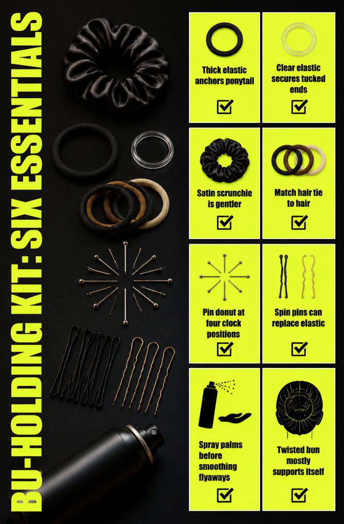 Bun-holding kit with elastics scrunchie straight pins bobby pins and hairspray