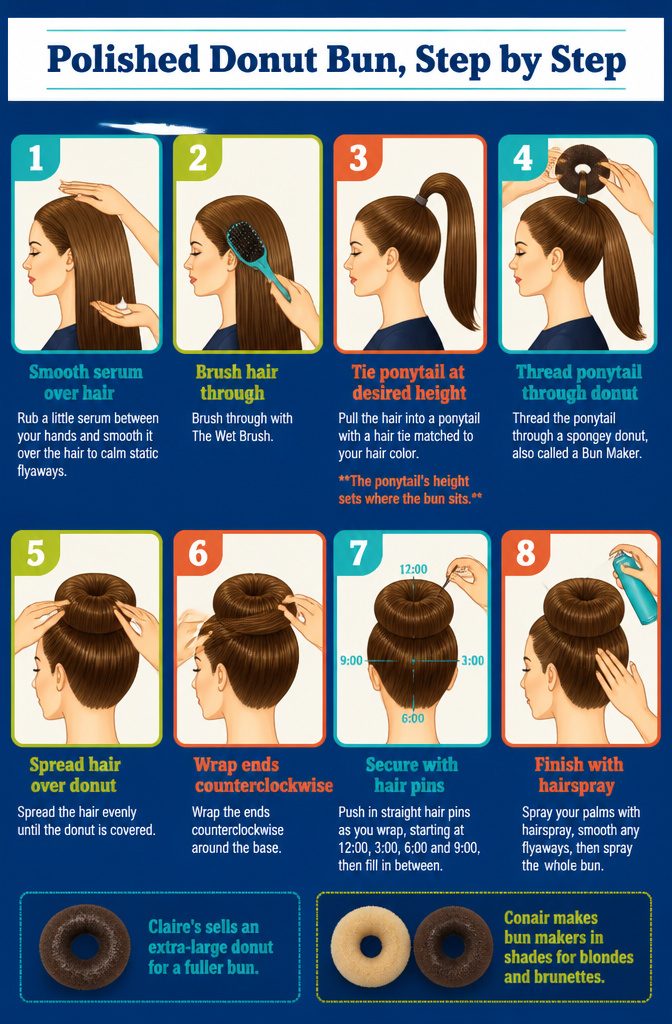 Donut bun steps with hair spread over a sponge donut and pins around the base