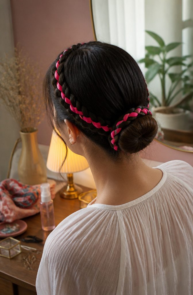 Rear angled view of ribbon-woven temple braids pinned around a bun