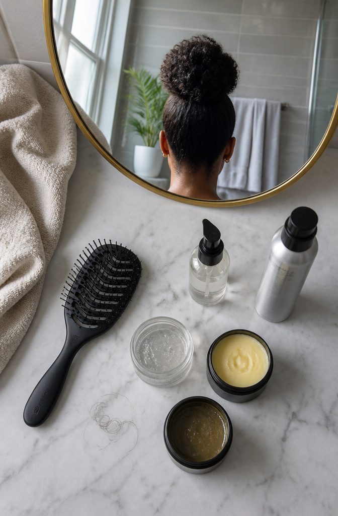 Hair serum gel balm and The Wet Brush arranged for bun styling