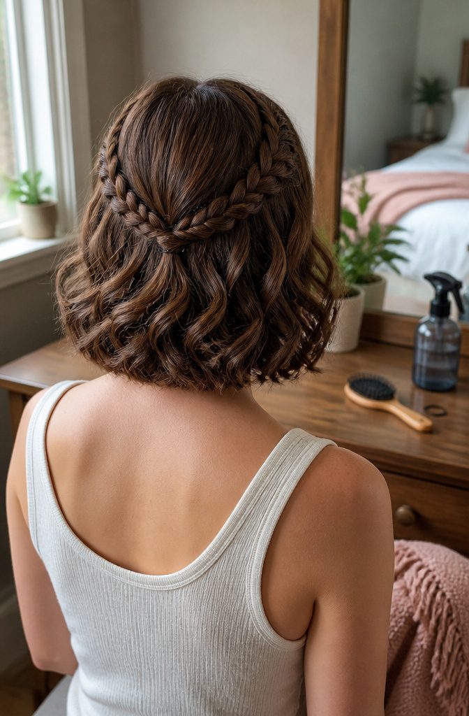 Short-haired woman with two French braids and curls at the back