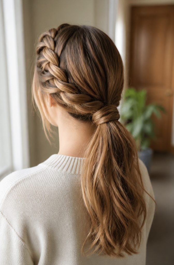 Woman with a deep side part and raised braid wrapped around a low ponytail