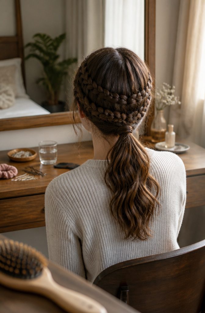 Rear view of waterfall and French braids gathered into a low ponytail
