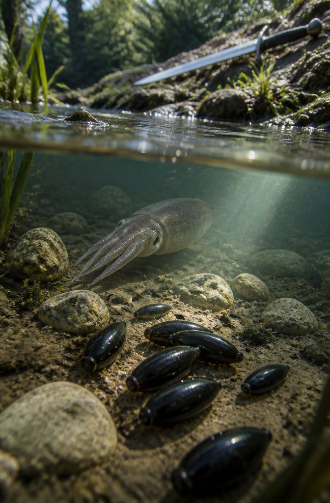 Squid underwater near the riverbed