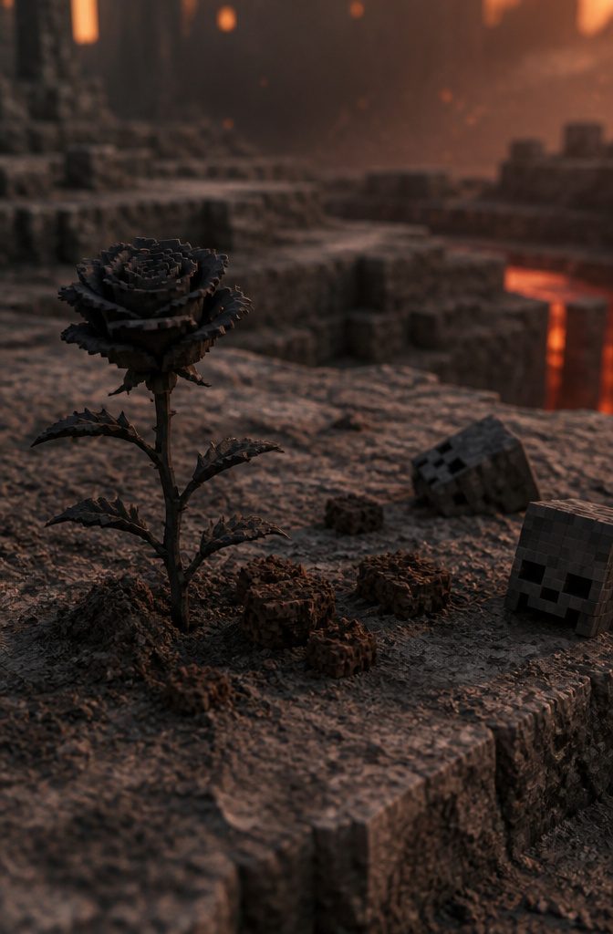 Dark spiky Wither Roses beside soul sand and wither skeleton skulls