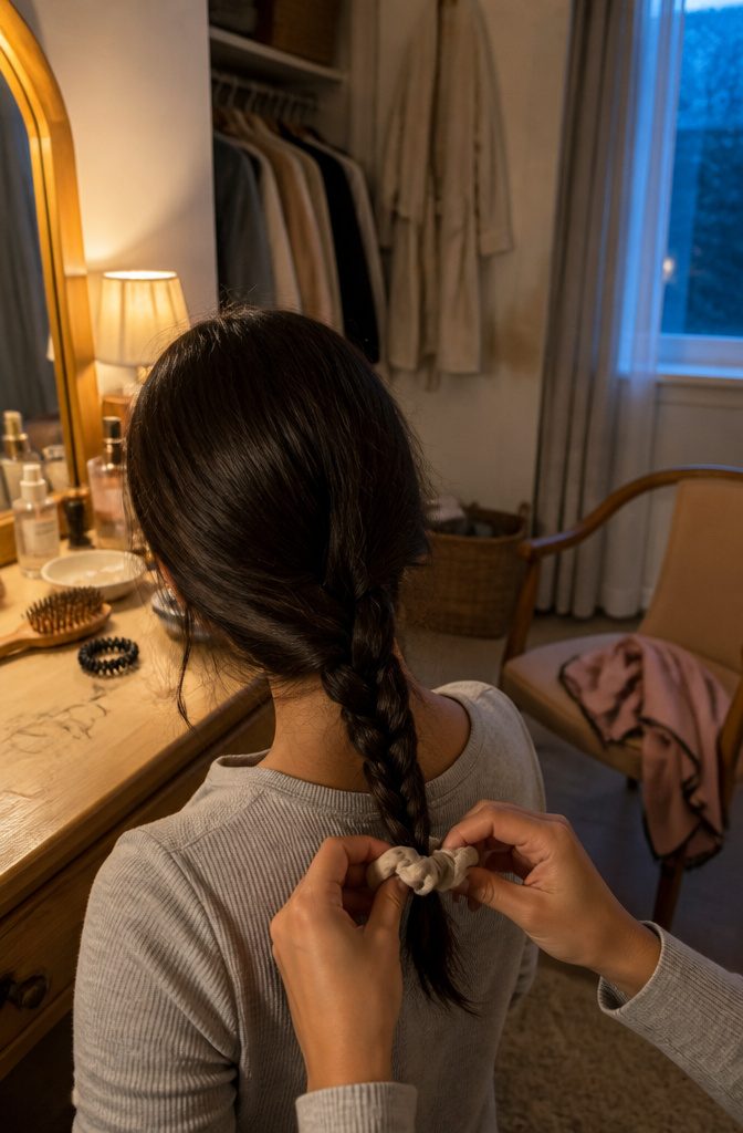 Hands securing a loose side braid with a soft fabric scrunchy