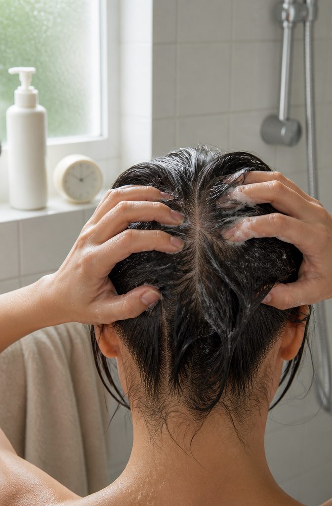 Hair care scene illustrating attention to the scalp