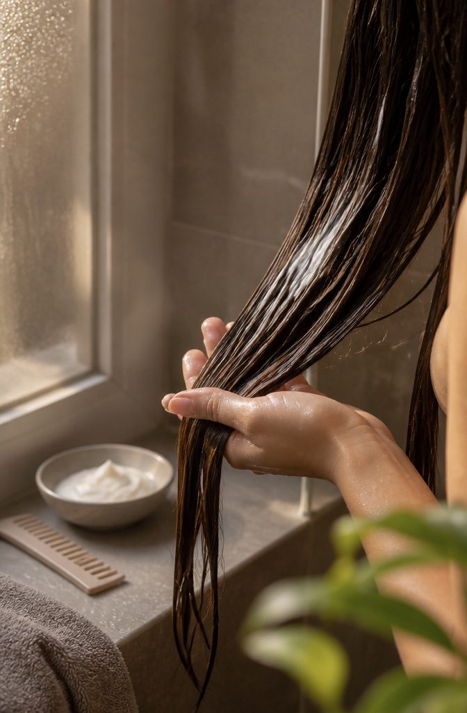 Hair care scene illustrating conditioner applied along the hair lengths