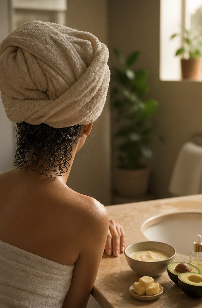 Hair care scene illustrating a treatment for dry or damaged strands