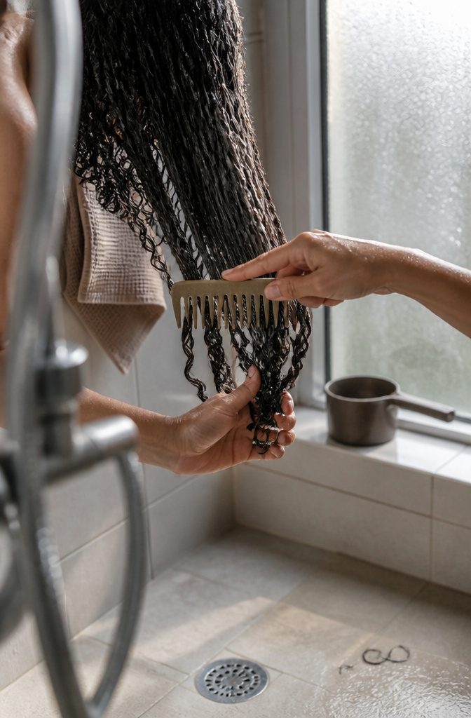 Hand combing conditioned curly hair upward from the ends in a shower