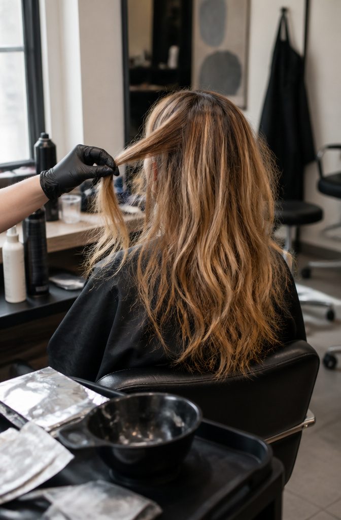 Stylist holding a lightened hair strand beside natural roots at a salon