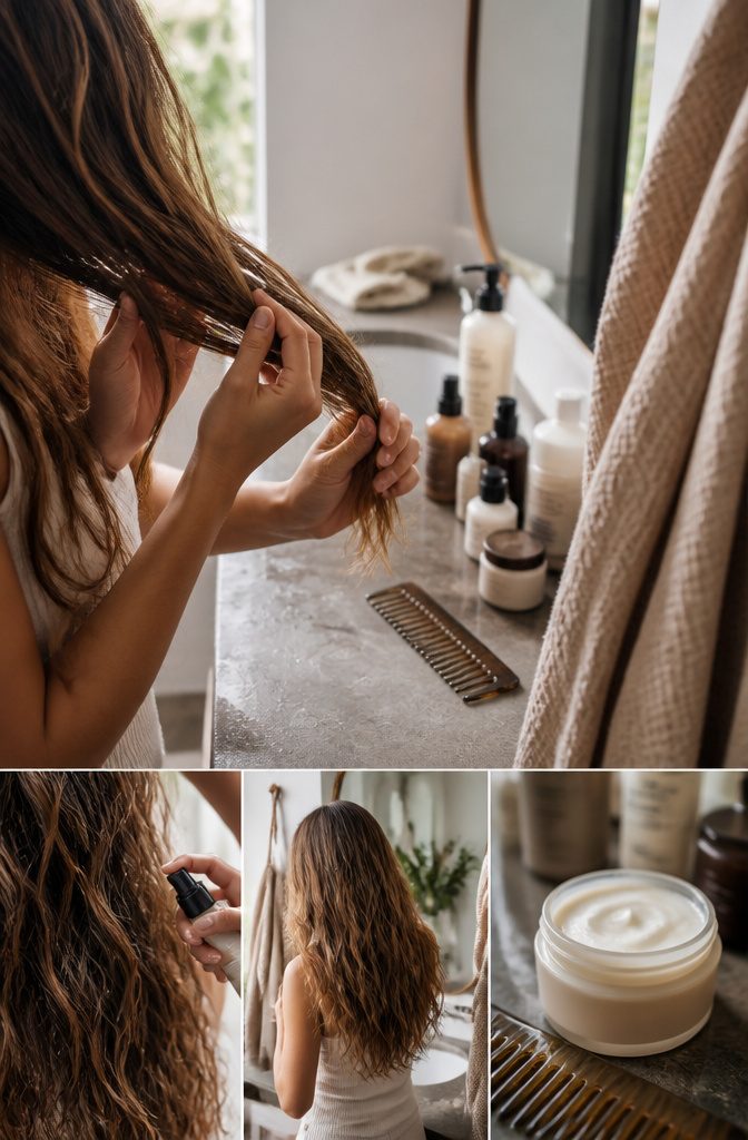 Hair care scene illustrating different hair types and scalp needs