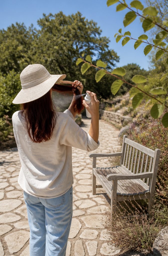 Hair care scene illustrating protection for hair in sunlight