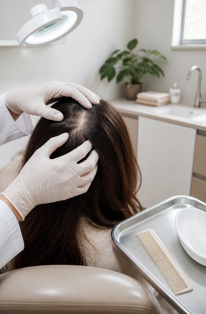 Gloved clinician parting hair to inspect a small area of scalp thinning