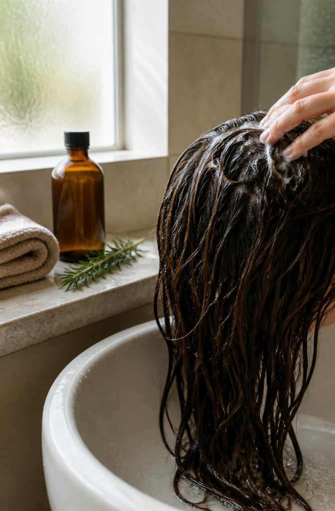 Wet textured hair over a ceramic basin with clear cleanser on the strands