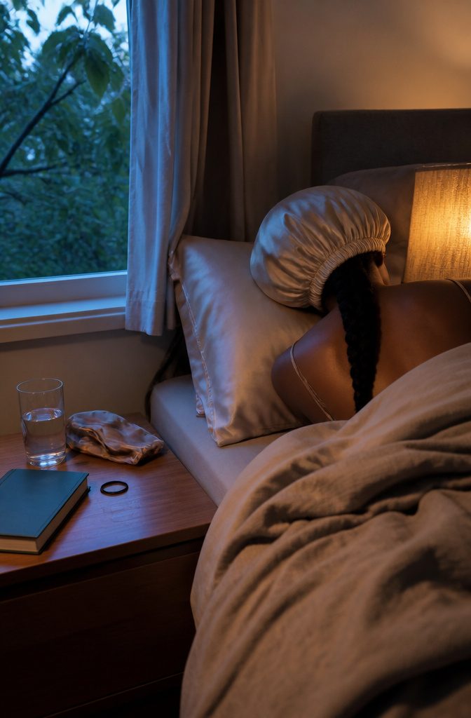 Sleeper wearing a satin bonnet on a satin pillowcase with a loose braid
