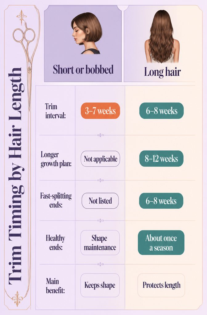 Beauty infographic listing trim intervals for short curly and long hair