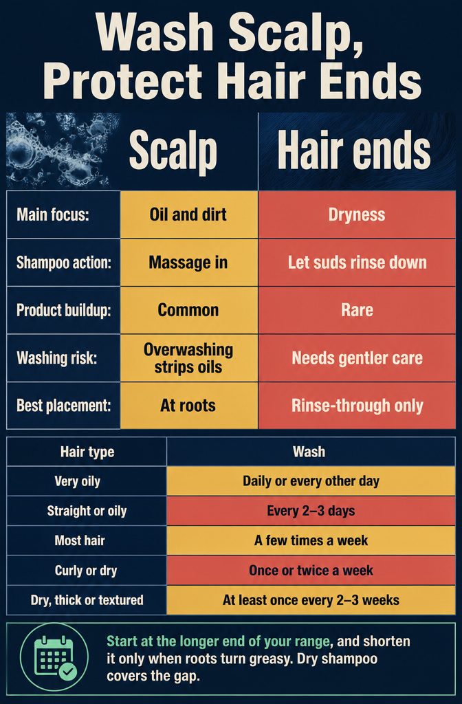 Beauty infographic showing shampoo applied to the scalp and protected hair ends
