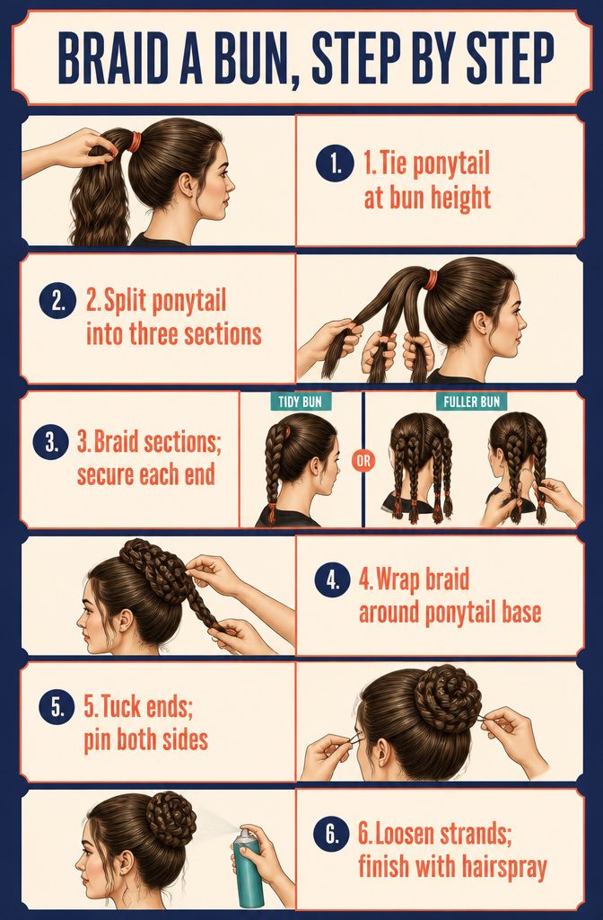 Beauty graphic titled Braid a Bun, Step by Step