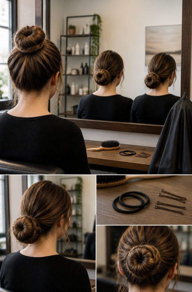 Hair gathered into a bun in a hairstyle tutorial photograph