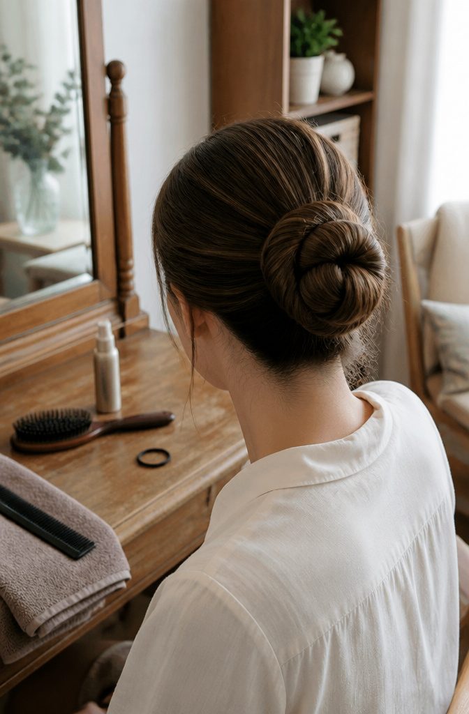 Hair gathered into a bun in a hairstyle tutorial photograph