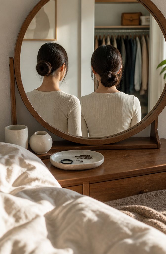 Woman viewed from behind wearing a snug twisted bun and a loose low bun