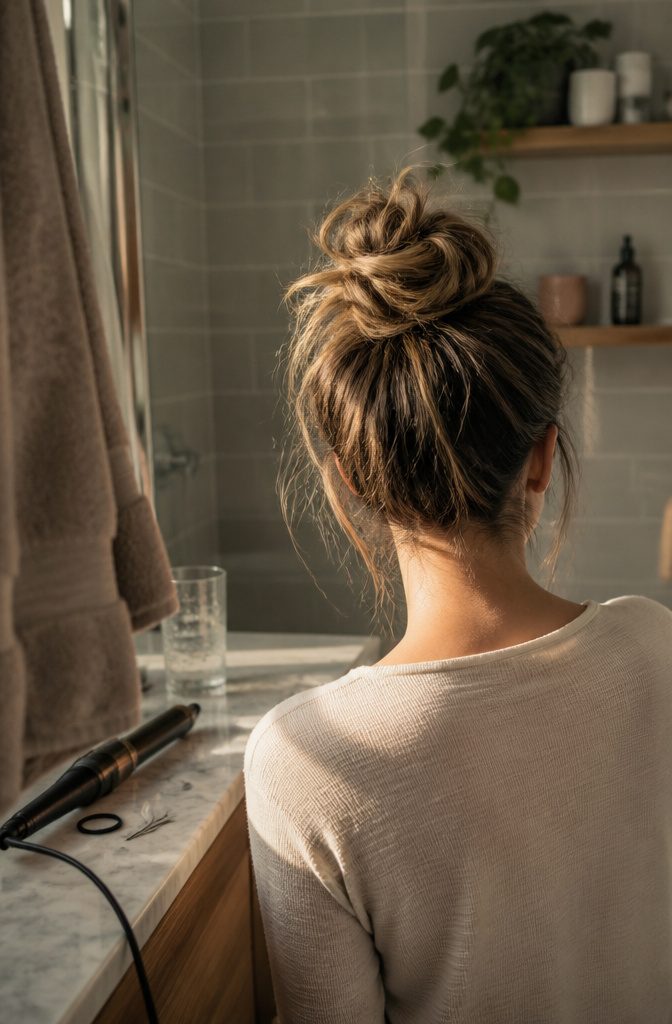 Woman viewed from behind wearing a high loose bun with a wrapped tail and waves