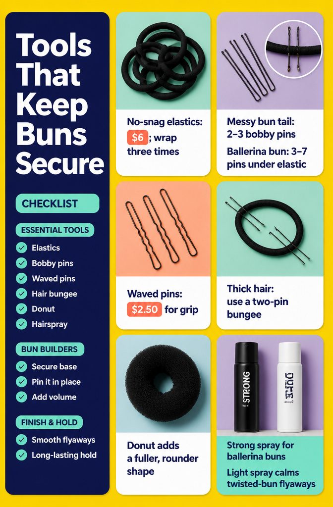 Beauty graphic titled Tools That Keep Buns Secure