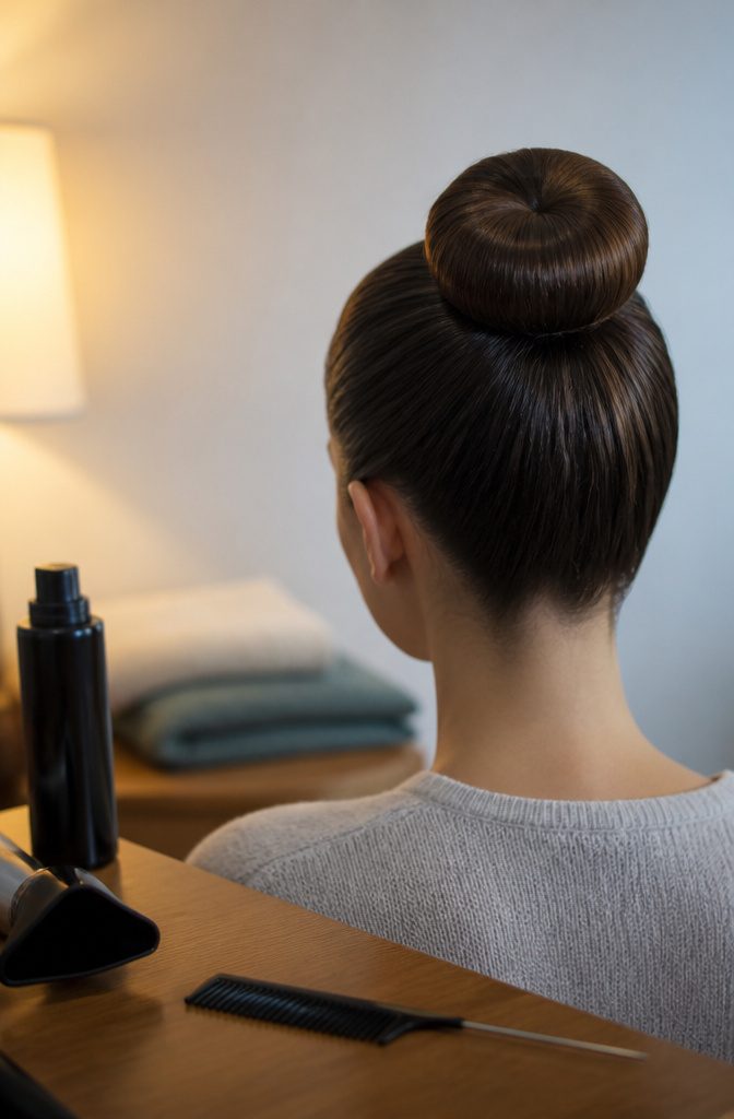 Hair gathered into a bun in a hairstyle tutorial photograph