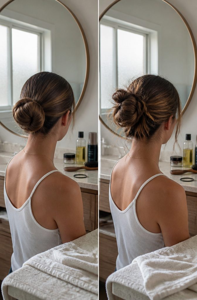 Hair gathered into a bun in a hairstyle tutorial photograph