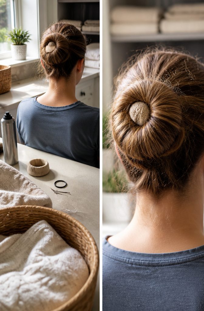 Hair gathered into a bun in a hairstyle tutorial photograph